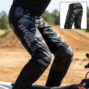 Thor Phase Motocross Pants Mens Sz 28 Camo Black White Leather Knee Guard Racing